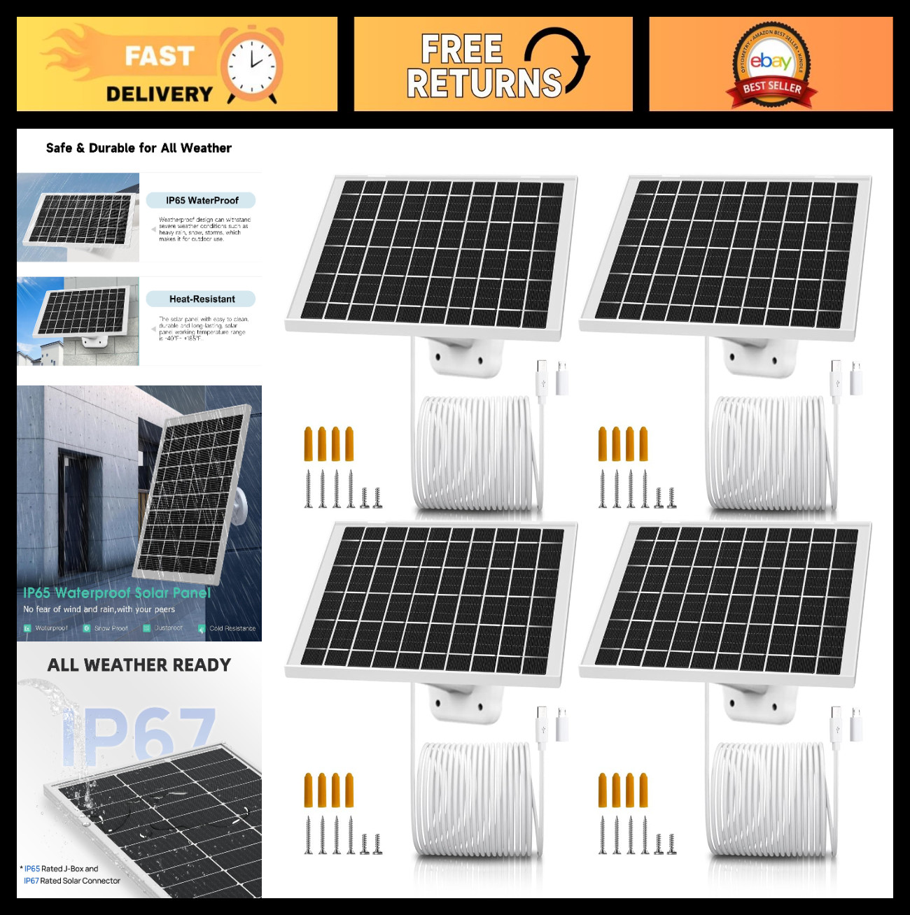 4 Pack 7W USB-C Solar Panel Charger for Outdoor Security Cameras, 2K, Pro Models