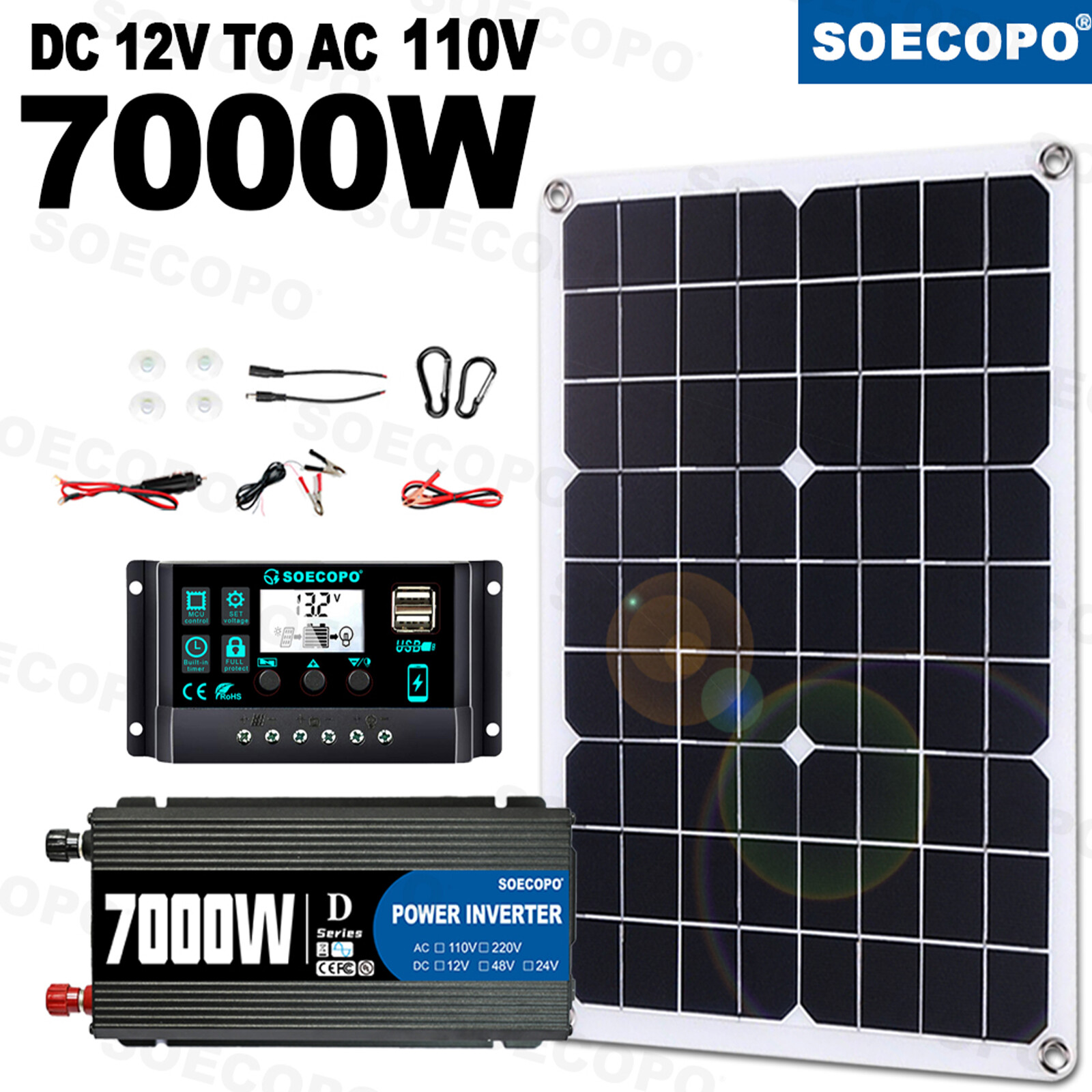 7000W Solar Kit 12V 110V Inverter Battery ChargerLighting Camping 500W Panel