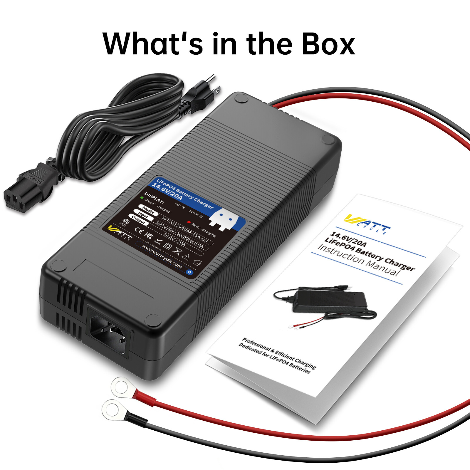 WattCycle 12V 14.6V 20A Smart Lithium LiFePO4 Battery Charger for RV Marine