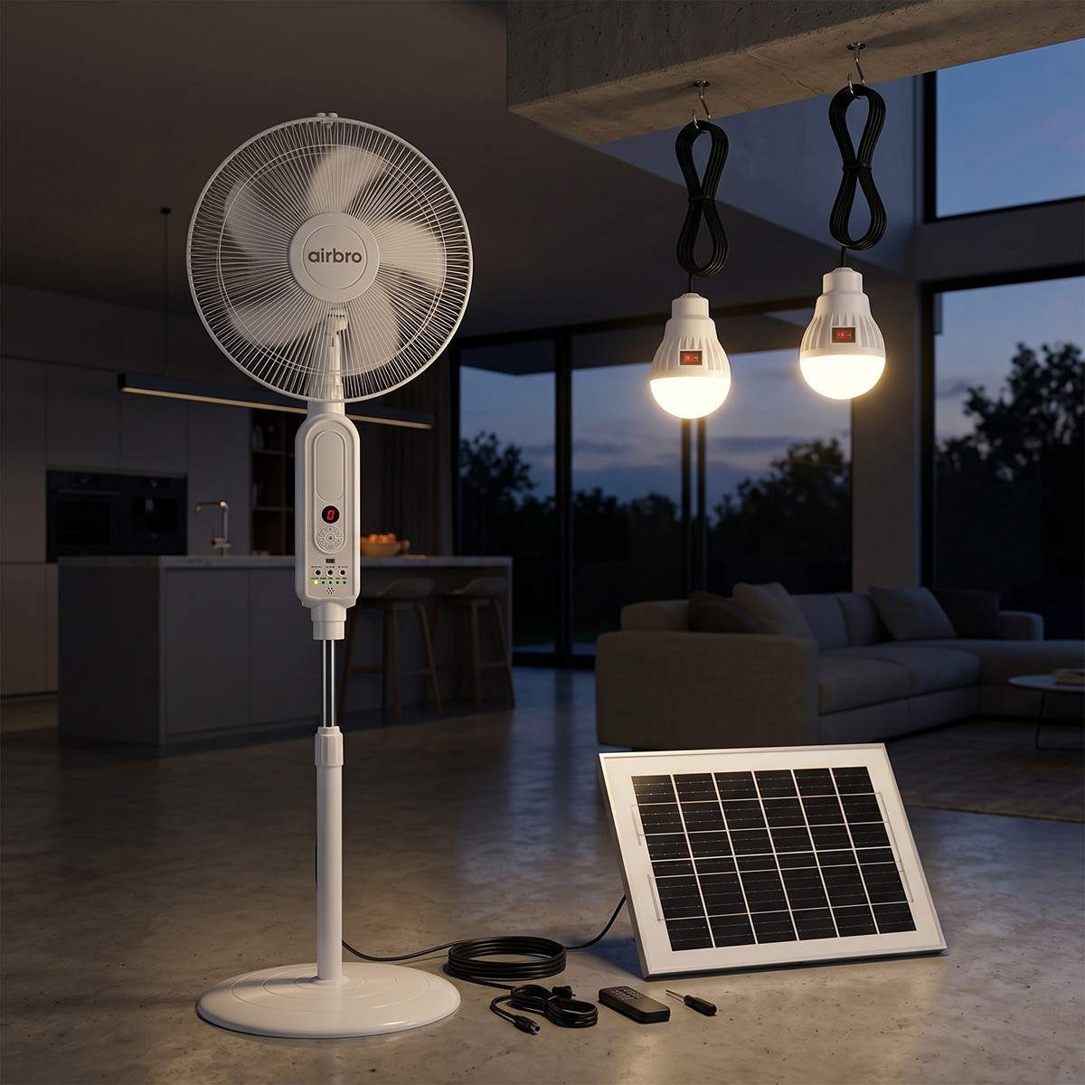 16 Inch Solar Rechargeable Standing Fan with 2PCS LED Light Bulbs Remote Control