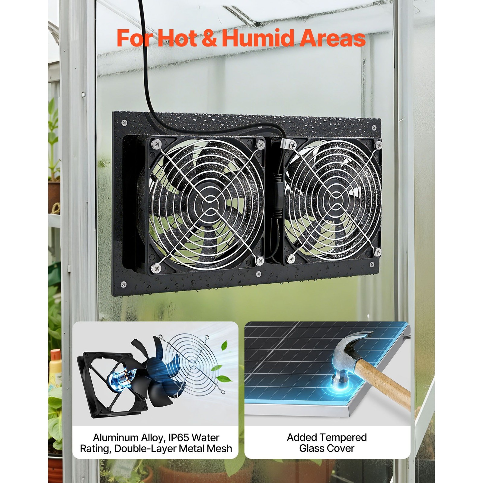 Dual Solar Fan: 15W Panel, Adjustable Angle, 240 CFM, Roof/Wall Mount