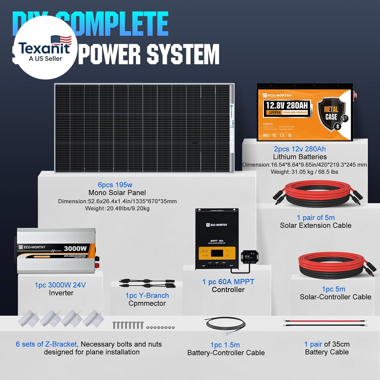 [Ultra] 1200W 24V 5.52KWH Lithium Battery Solar System off Grid:6Pcs 195W Solar
