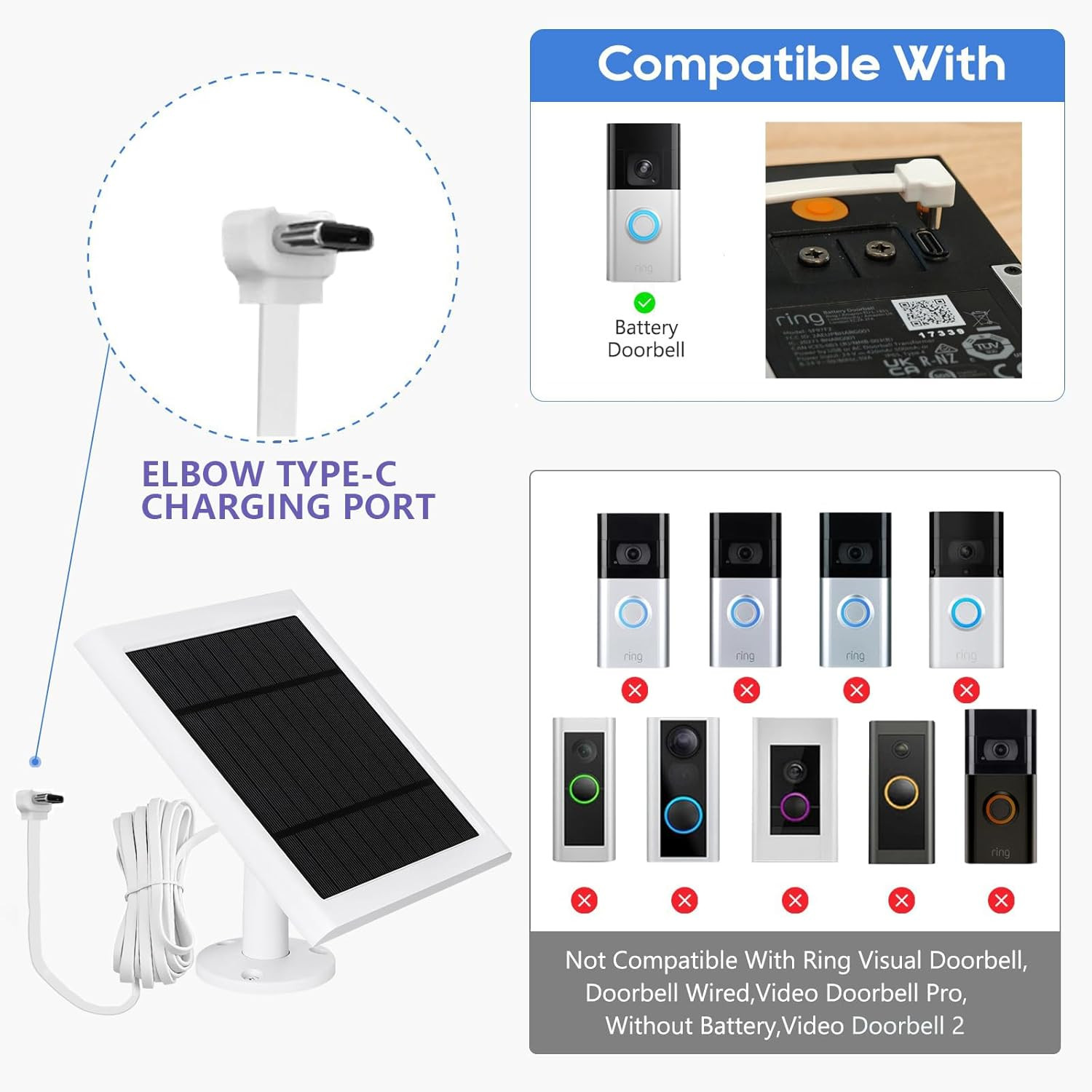 Ring Doorbell Solar Panel 4W Charger with Type-C Port and 9.84ft Cable