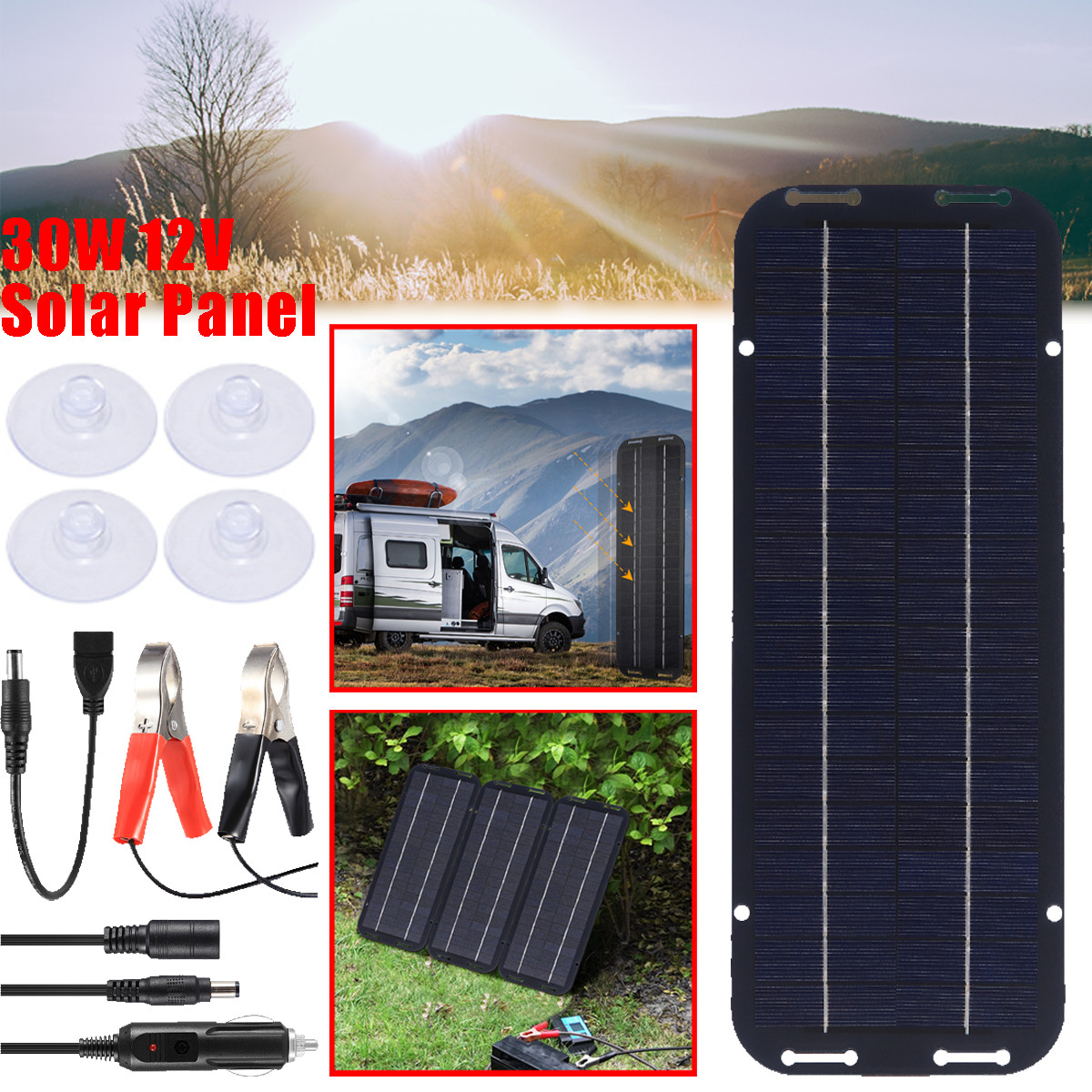 30W 12V Solar Panel Battery Charger Kit with USB for Car Boat RV Marine Trickle