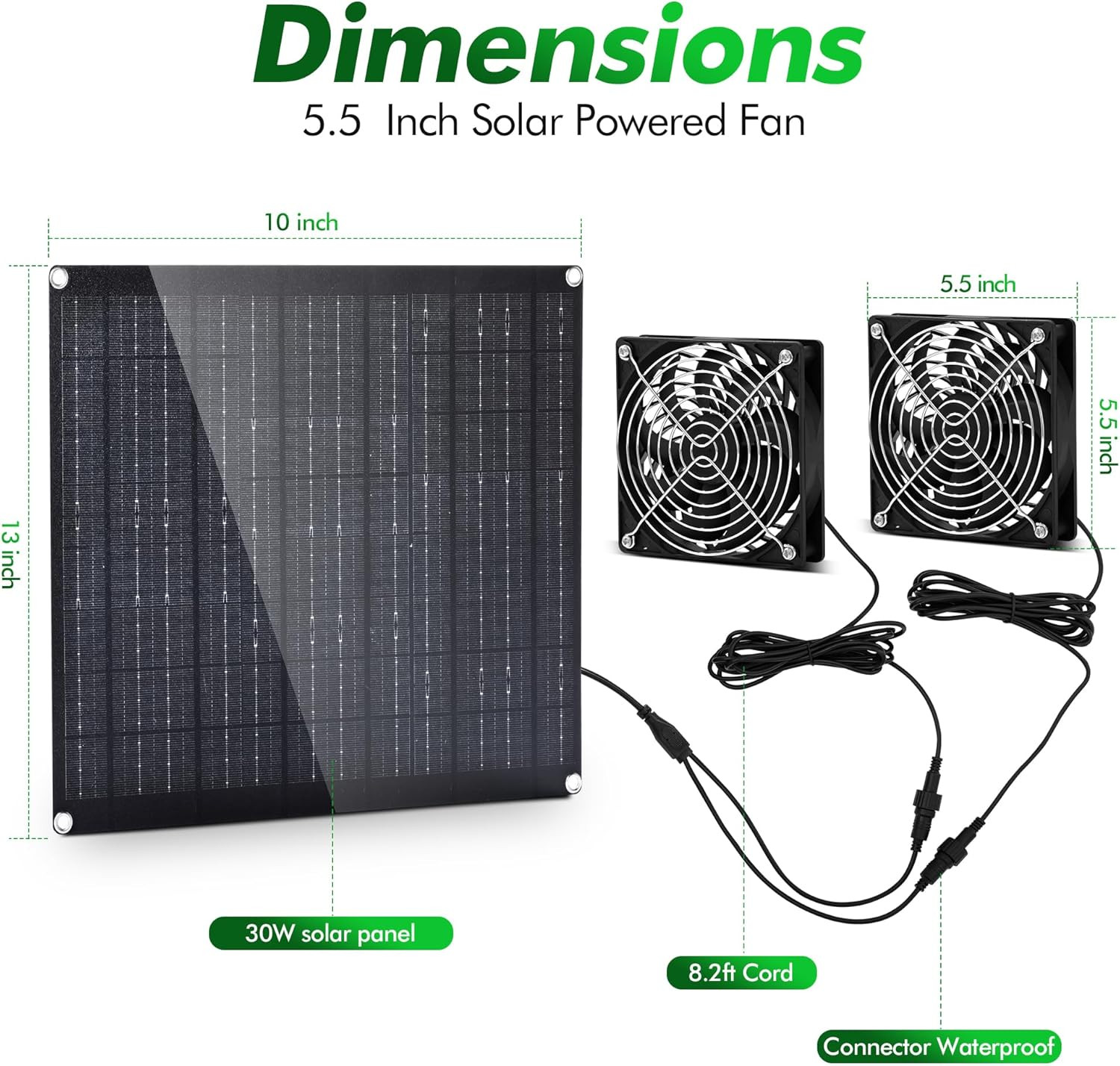 30W Solar Powered Fan with Dual IPX7 Waterproof Fans for Outdoor Use