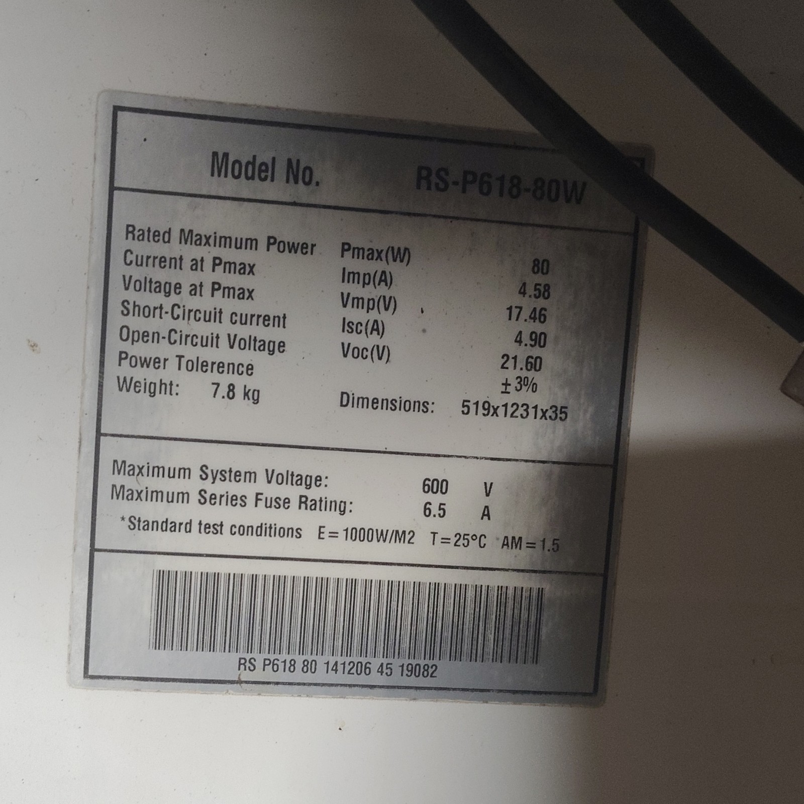 80W Polycrystalline Solar Panel RS-P618-80W 519x1231x35mm Outdoor