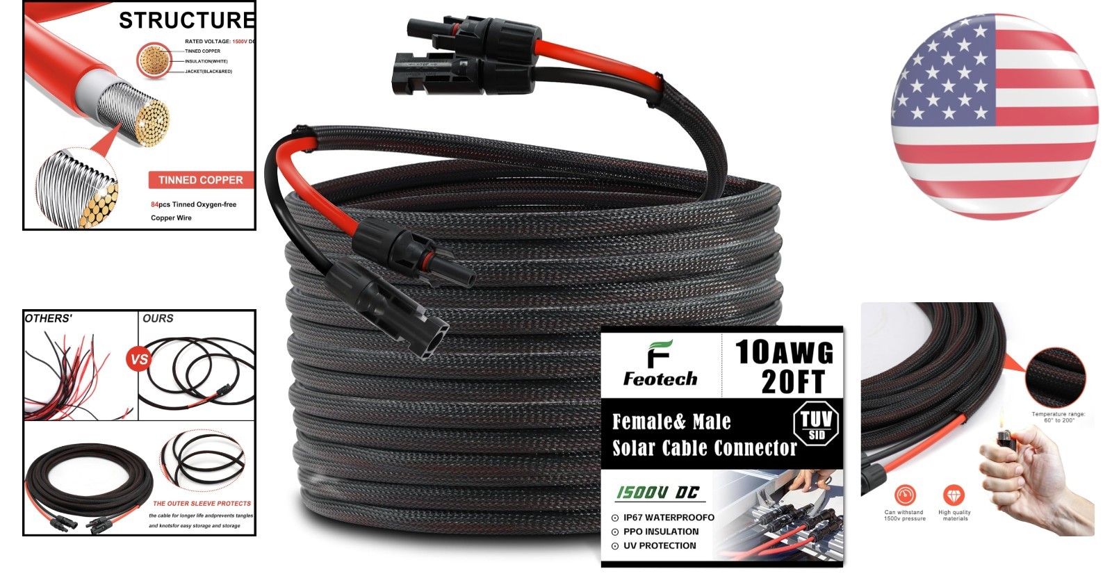 Durable 20FT Solar Connector Cable – 10AWG Gauge, UV Resistant & Certified