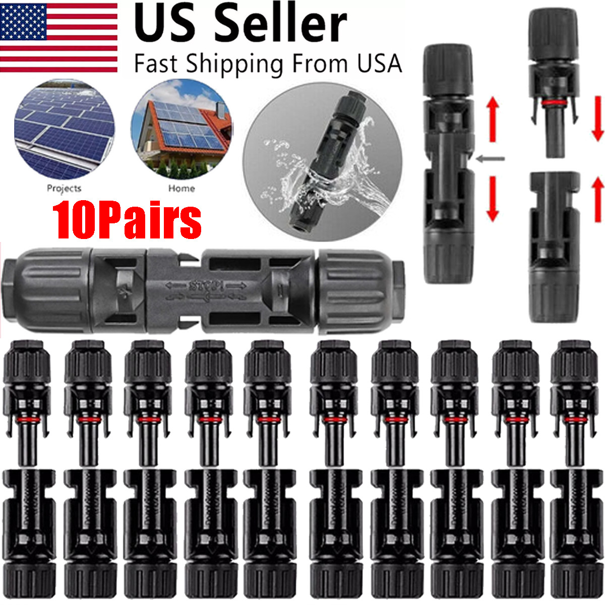 10 Pairs Solar Panel Connectors Male Female Waterproof Wire Cable DIY for Solar
