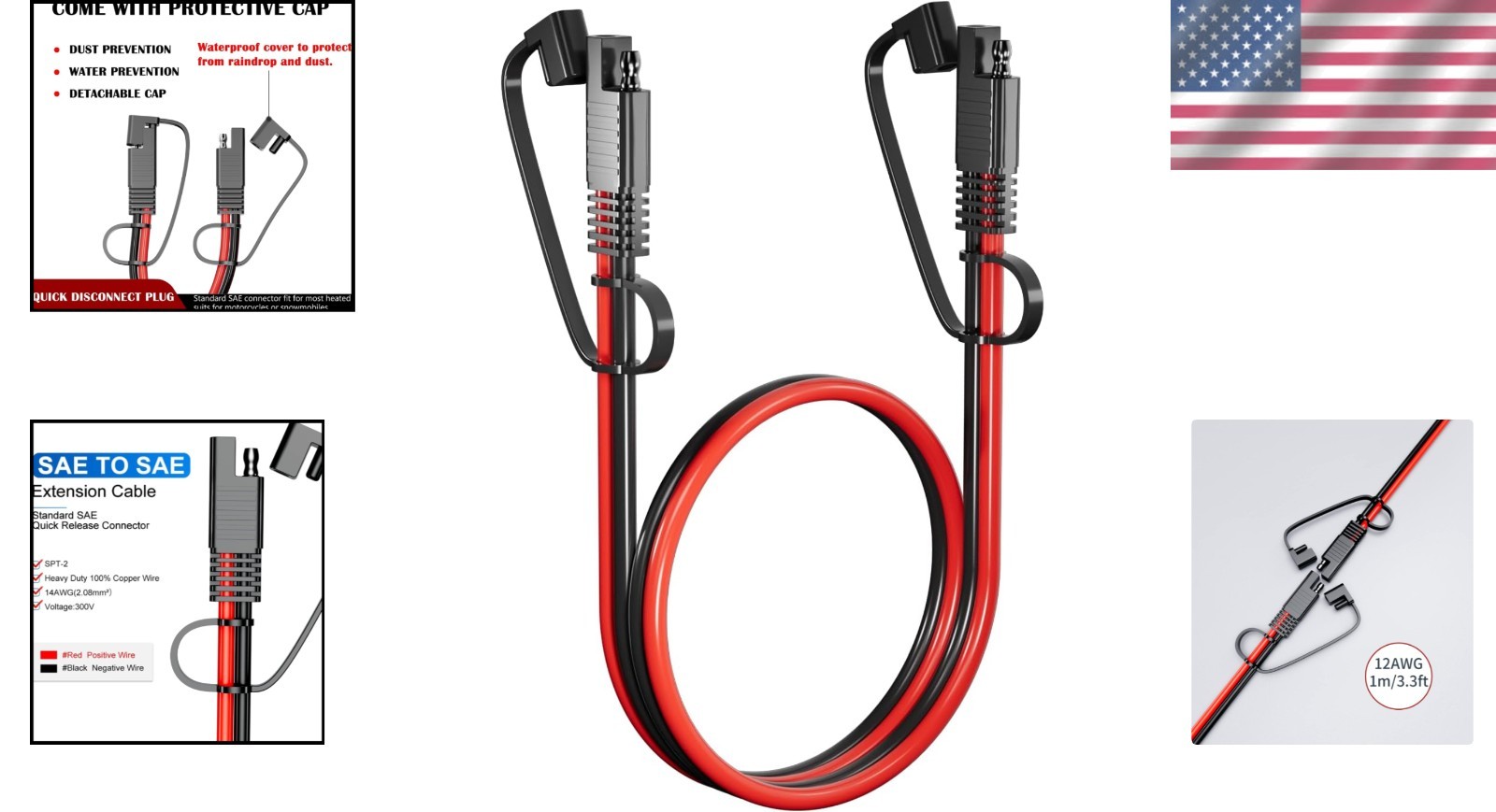 3.3FT SAE Extension Cable – Heavy-Duty 12AWG Pure Copper for Automotive Use
