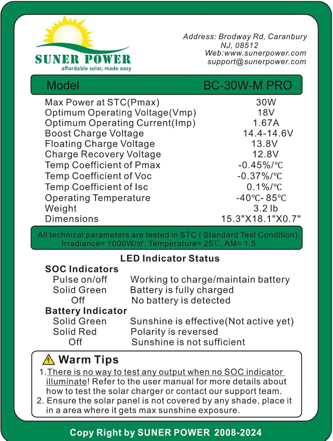 12V 30W Solar Battery Charger Maintainer, Built-In Ultrasmart MPPT Controller, A