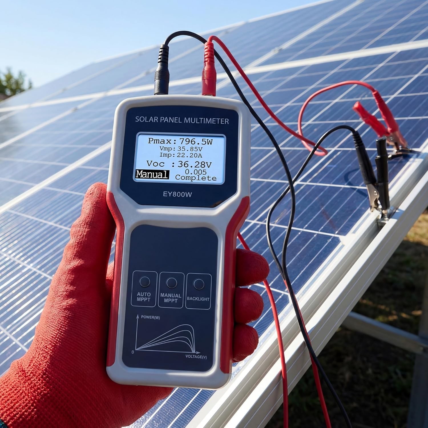 Professional Solar Panel Tester with Auto/Manual MPPT – Large LCD, 800W Max