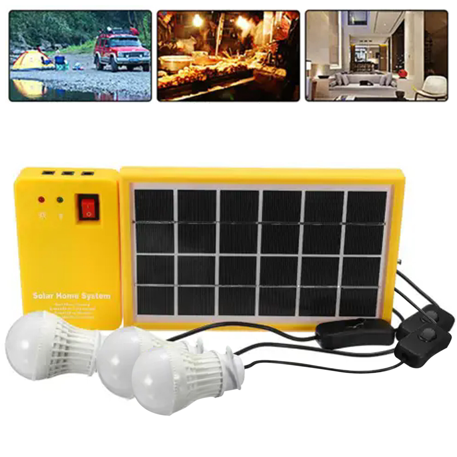 Solar Power Panel Generator Kit 5V USB Home System Charger 3 LED Bulbs Light
