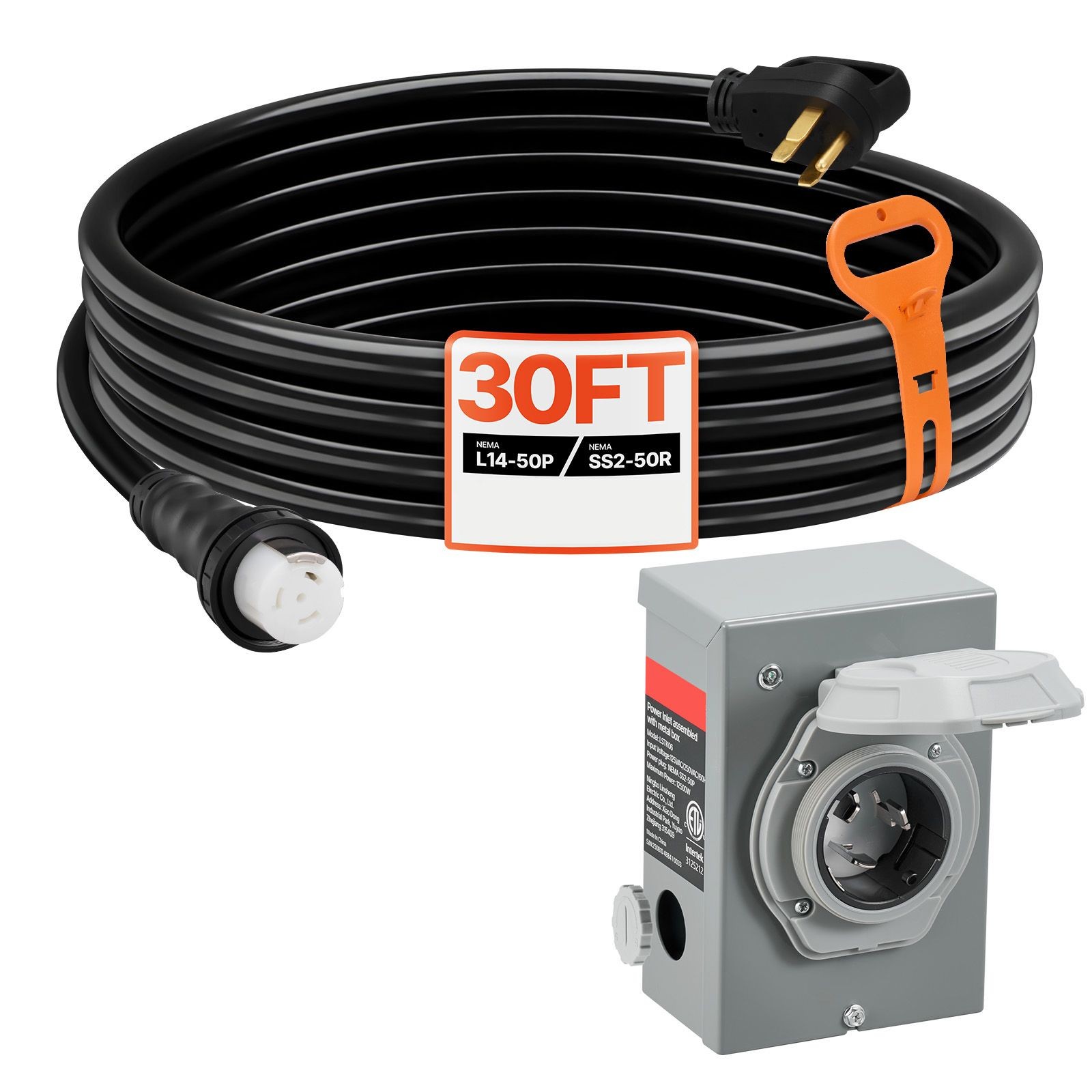 50 Amp Generator Cord and Power Inlet Box, 30FT, 125V/ 250V STW 6/ 3 + 8/ 1 AWG