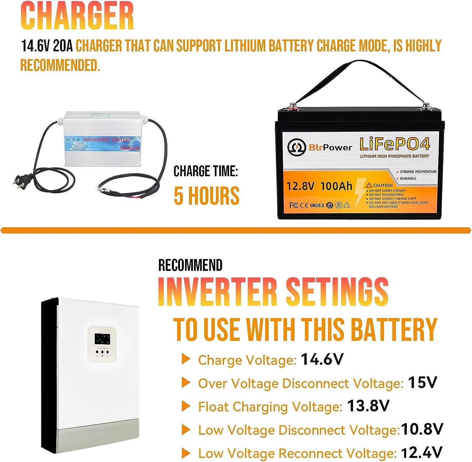 Btrpower 12V 100Ah LiFePO4 Lithium Battery for RV Marine Solar System 100A BMS