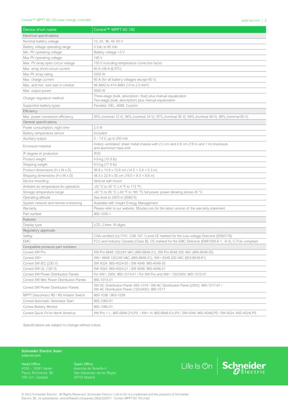 NEW Schneider Electric Conext MPPT 60-150, 865-1030-1 (New variant)