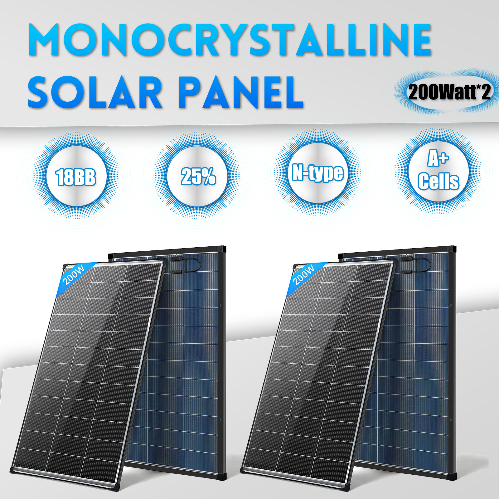 EtnalSolar 400W 200W Bifacial Solar Panel 18BB 18V Mono PV Charger RV Off-Grid