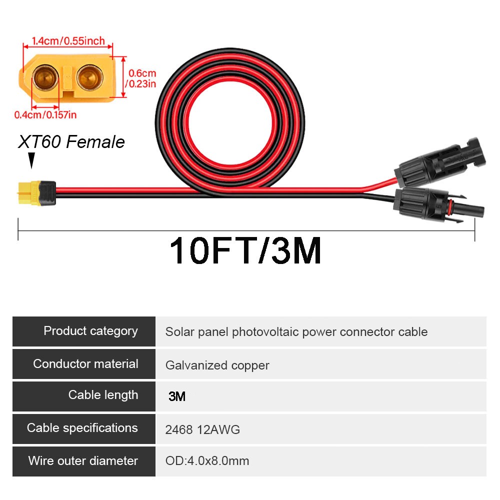 10ft Solar Panel Extension Cable Solar Connector to XT60 Adapter Charging Cable