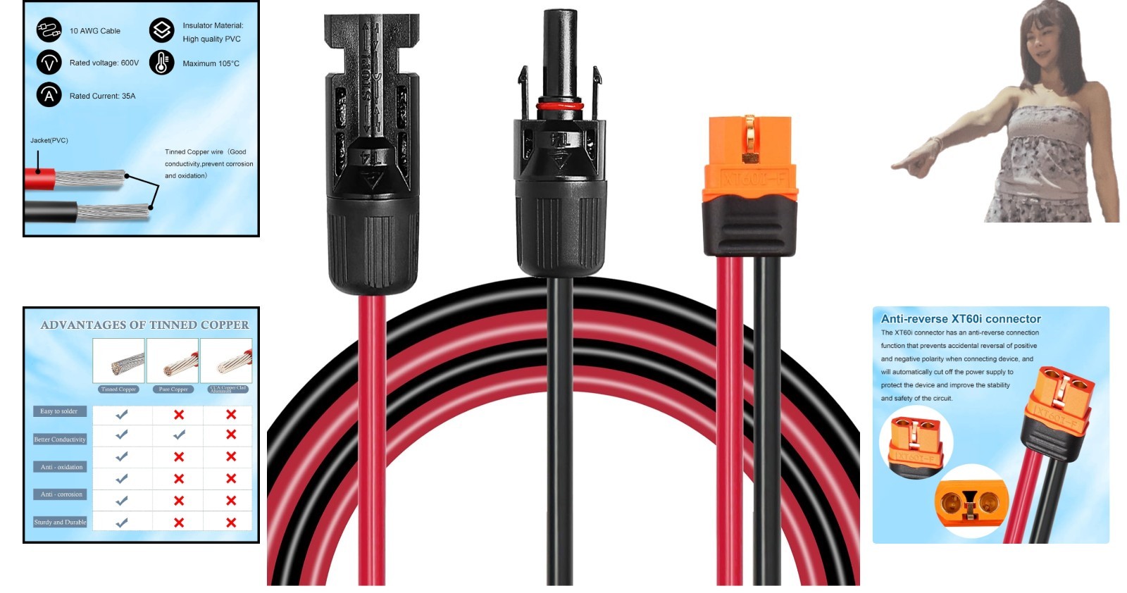 High-Efficiency 5FT Solar Panel to XT60i Extension Cable – 600V UV Resistant