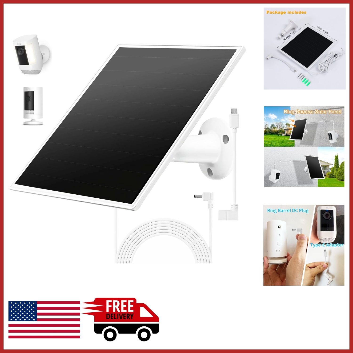 Ring Camera Solar Panel Charger Compatible with Stick Up Cam & Spotlight