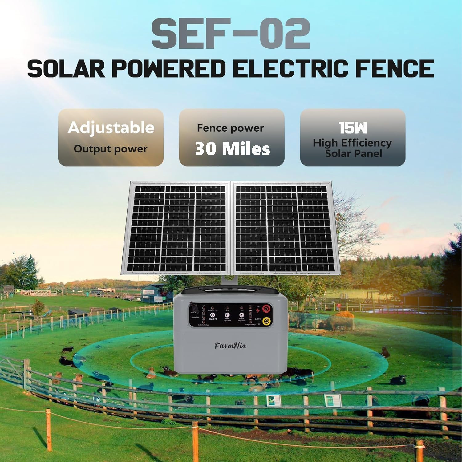 15W Solar Fence Charger,6-12Kv Adjustable Output Solar Charger,1.5J,30 Miles Ran