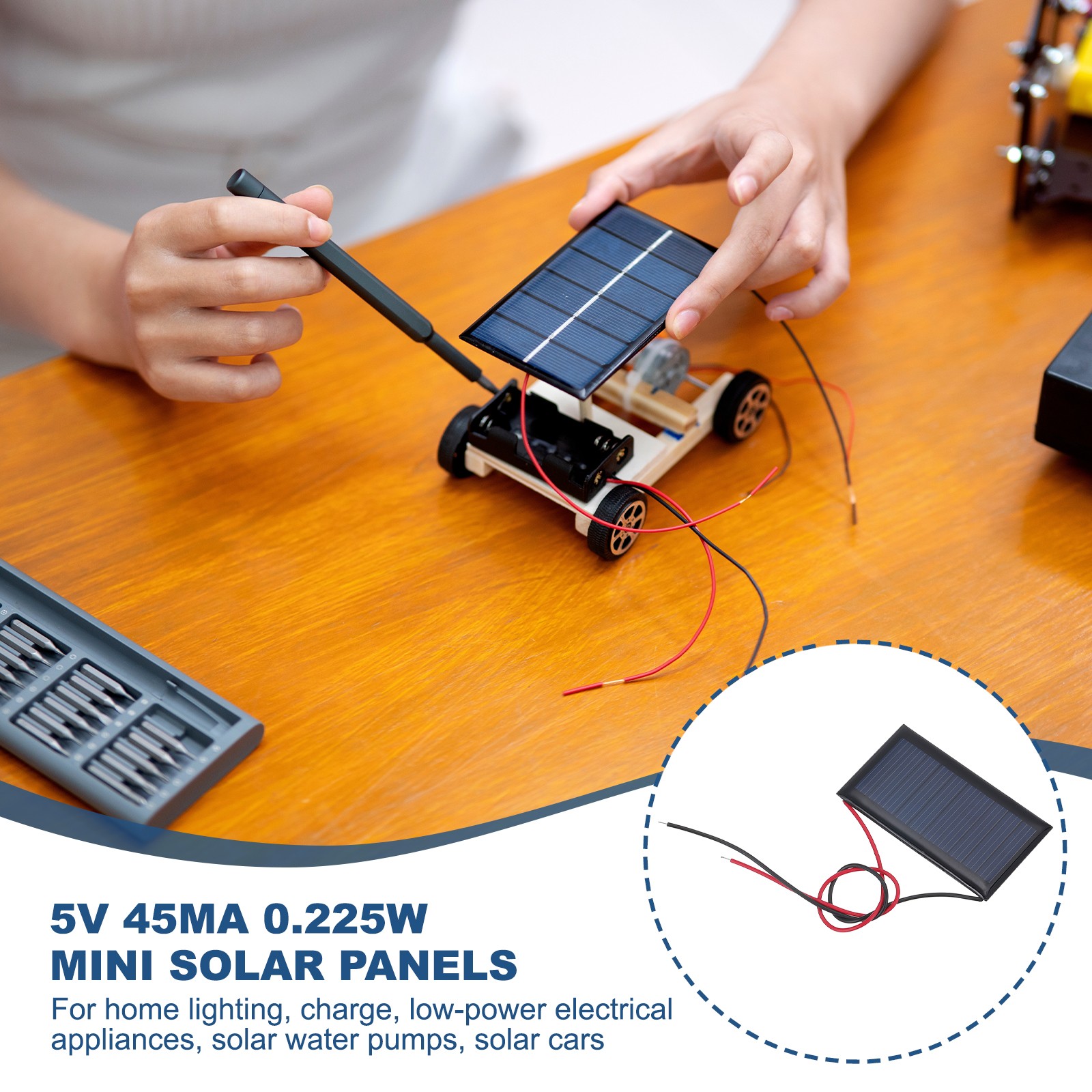 2 Pcs 5V 0.225W 45mA Mini Solar Panels with 2 Cable, 53mm x 30mm