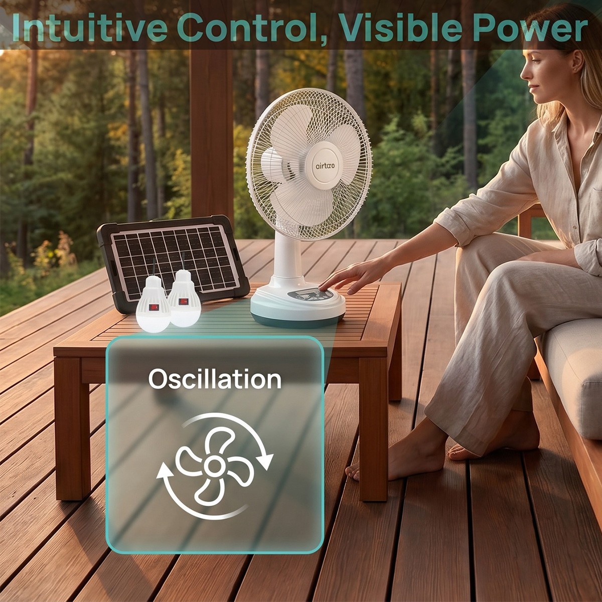 12″ Solar Rechargeable Desk Fan 2-Speed Portable Camping Fan + 2 LED Light Bulbs