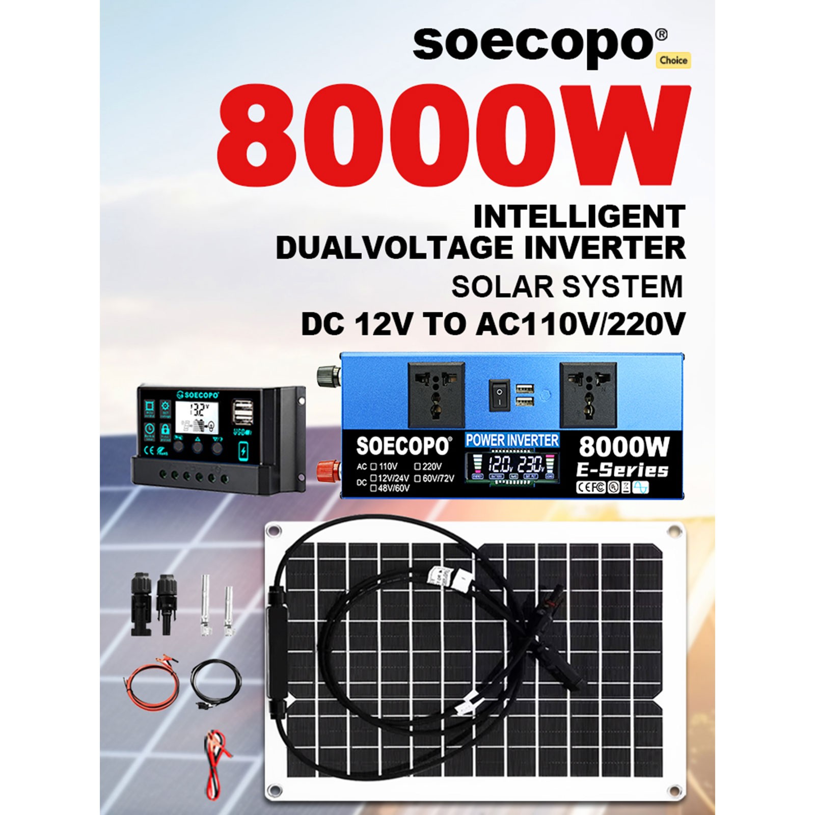 SOECOPO 8000W Peak Solar Kit 12V 24V to 110V/220V Inverter for RV Off-Grid CamVj