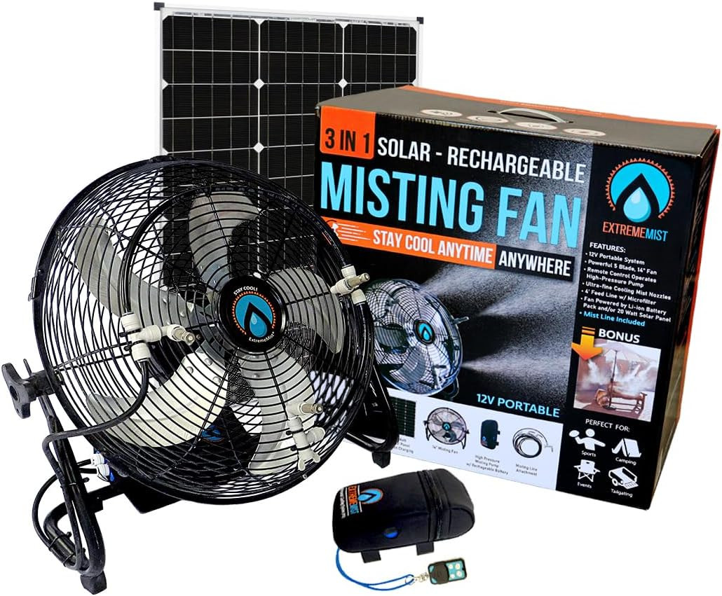 EXTREMEMIST 14” Solar Powered Misting Fan – 3 Mister Nozzles, 20W Solar Panel |