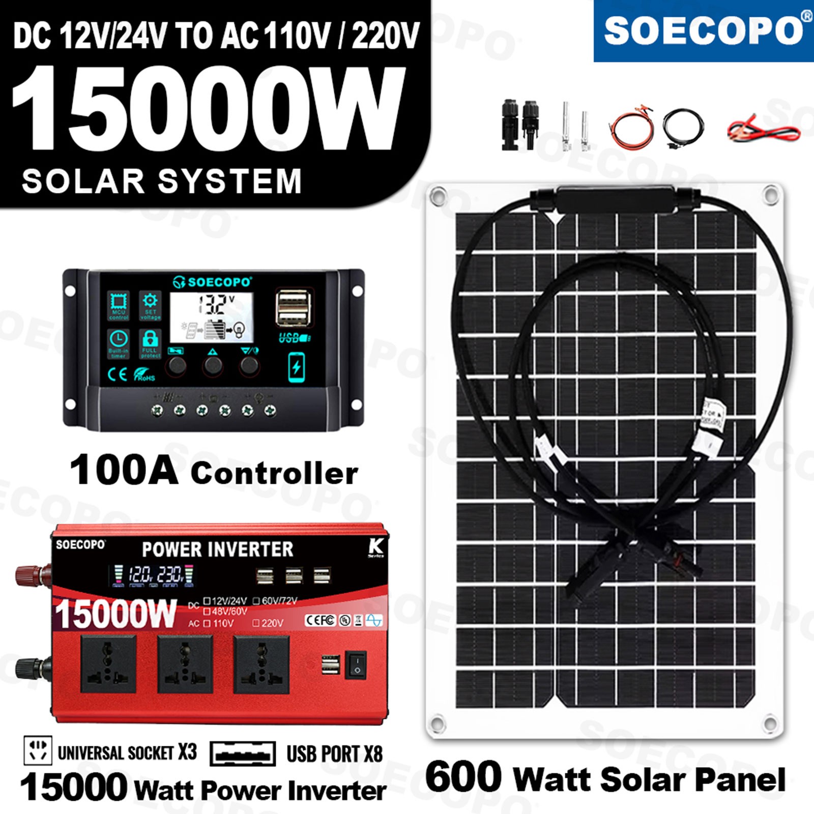 SOECOPO 15000W Peak Solar System Kit Flexible Panel 100A Controller
