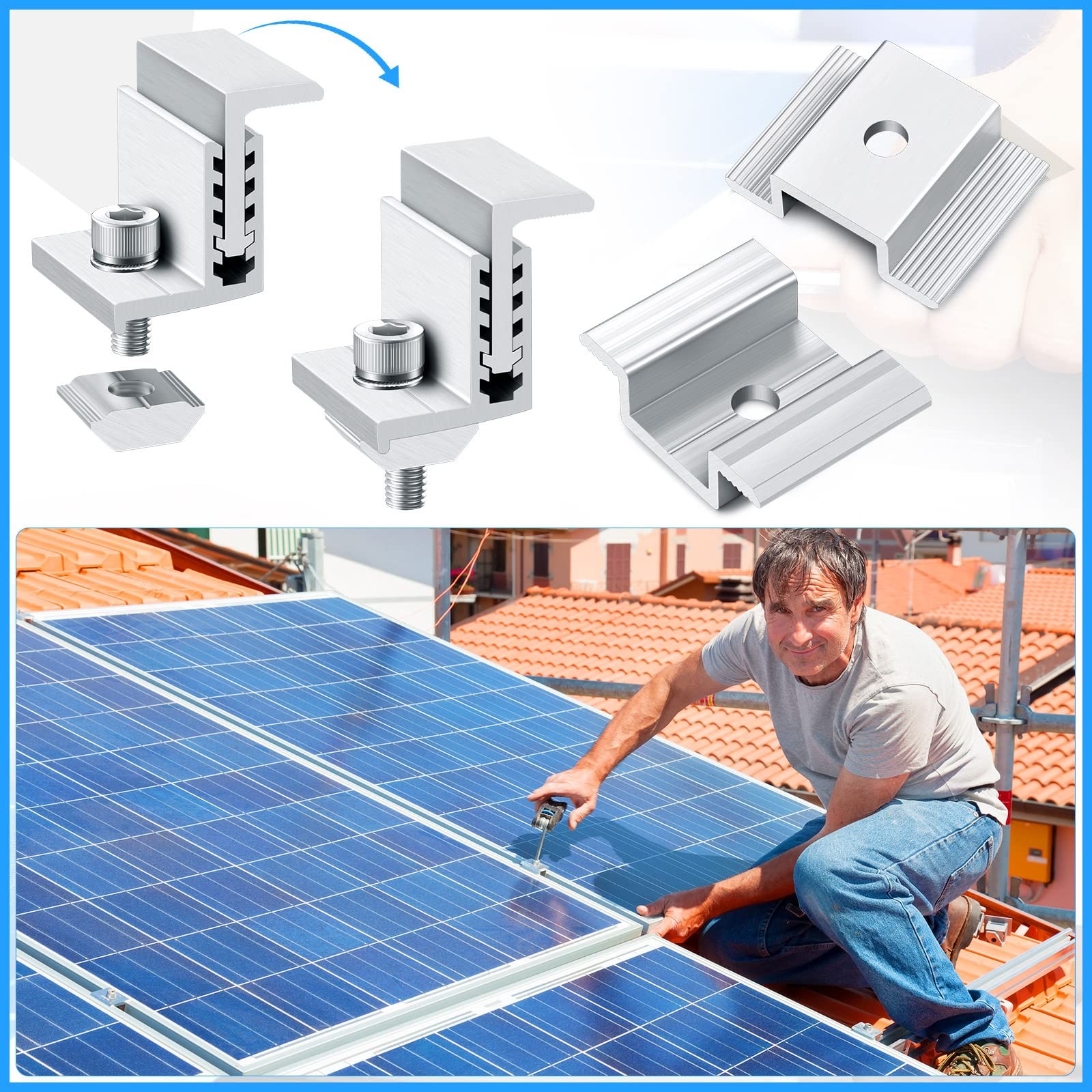 1.06 Inch Solar Panel Bracket Aluminum Solar Mid Clam with Mounting Brackets …