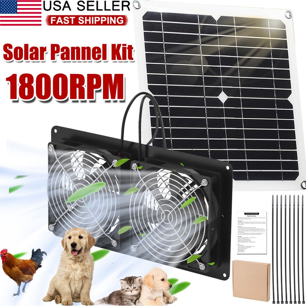 Waterproof 15W Solar Panel 1800RPM Silent Exhaust Fan Kit for Shed Chicken Coop