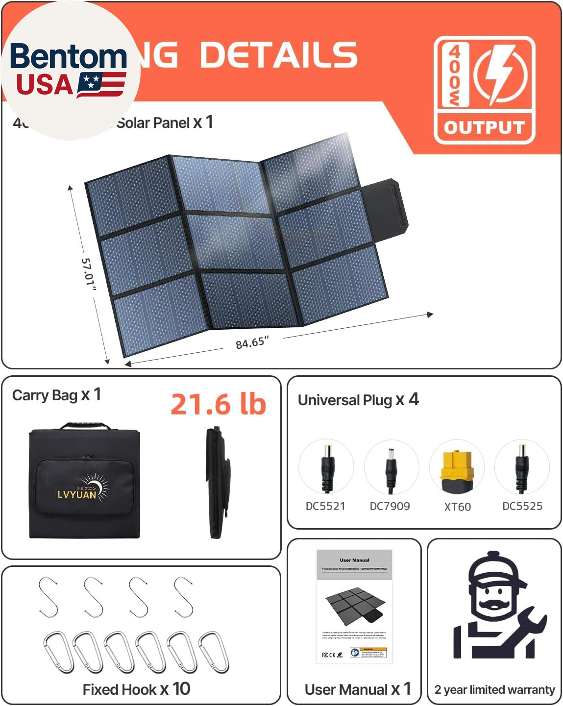 400W Portable Solar Panel, 36V Foldable Blanket Solar Panel IP64 P-PERC, Upgrade