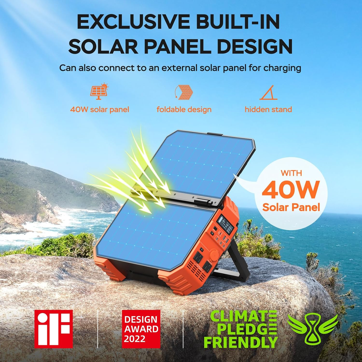 Portable Power Station 1600W (Peak 3200W), Built-In Solar Panel, 1024Wh Lifepo4