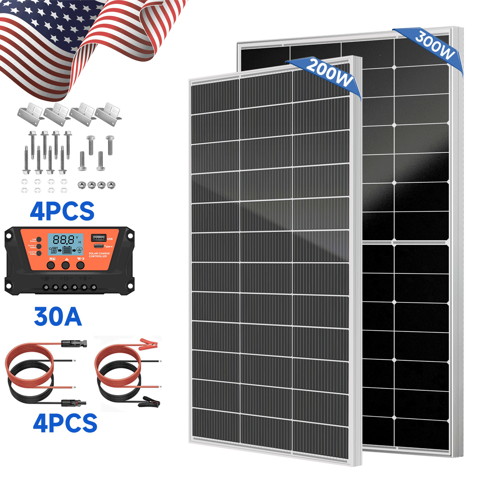 200W 300W Mono Solar Panel Kit 12V Charging Off-Grid Battery Power RV Home Boat