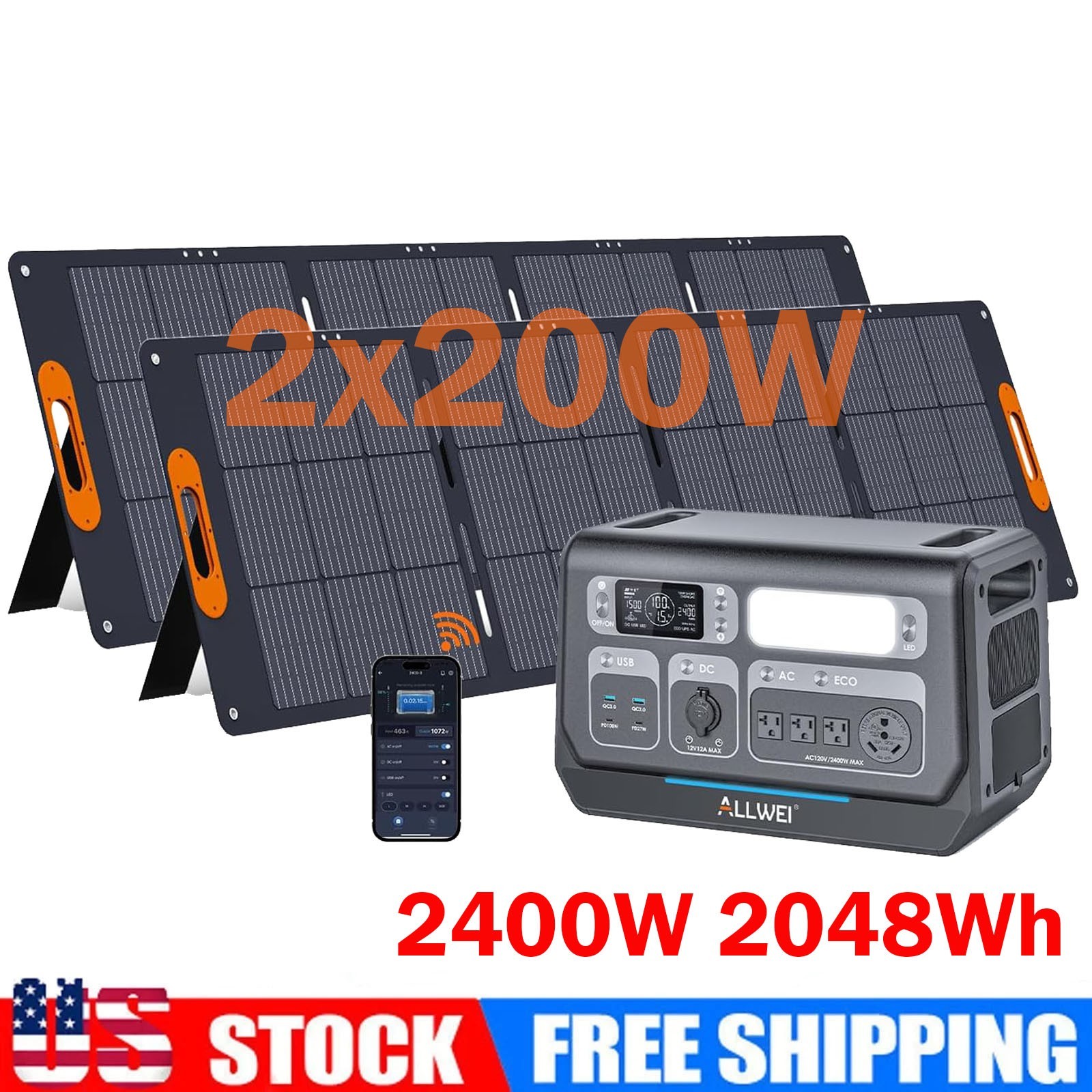 Solar Generator Portable Power Station Emergency ALLWEI LiFePO4 UPS 2400W 2048Wh