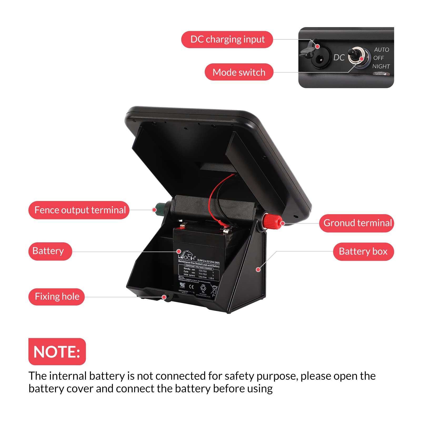 10 Miles Solar Electric Fence Charger with Day/Night Mode 0.16J Portable Solar