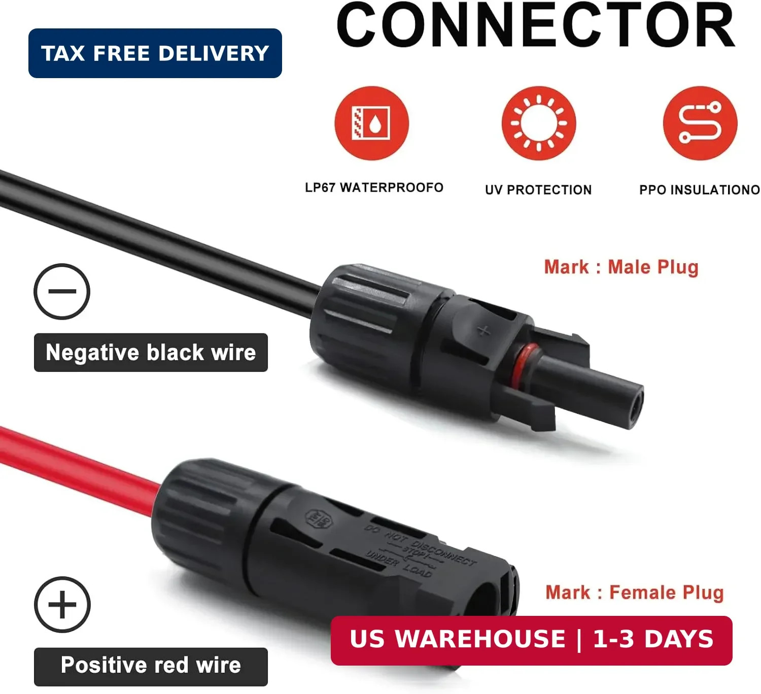 Twin Wire 50FT Solar Extension Cable – 10AWG (6mm) Black & Red with IP67 Solar P