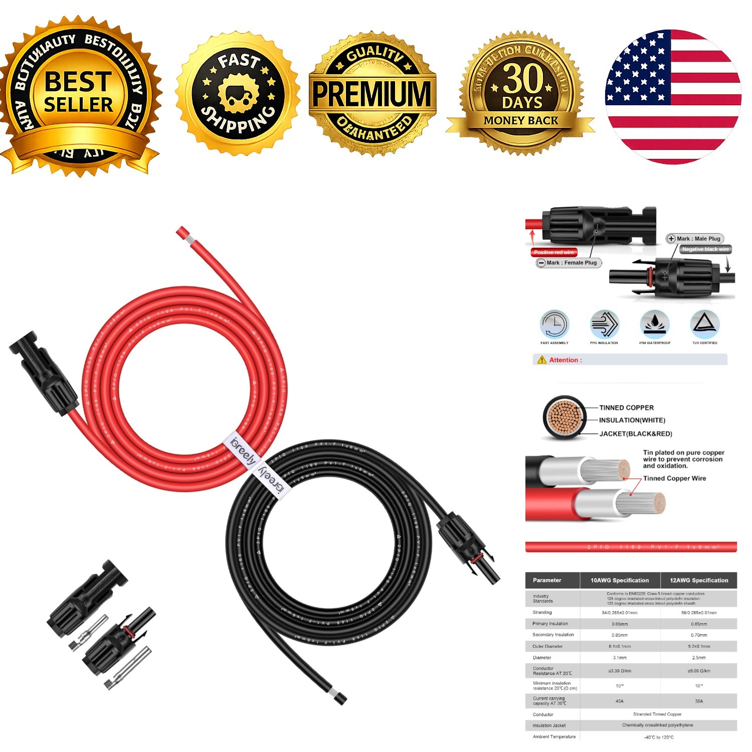 Solar Panel Extension Cable 10AWG 6mm2 10 Feet Red Black Pair Male Female