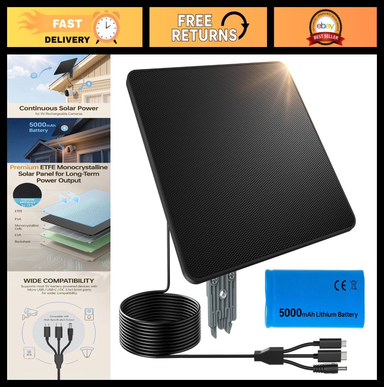6W Solar Panel Charger for Ring & Trail Cameras, 5000mAh Battery, IP65 Waterproo