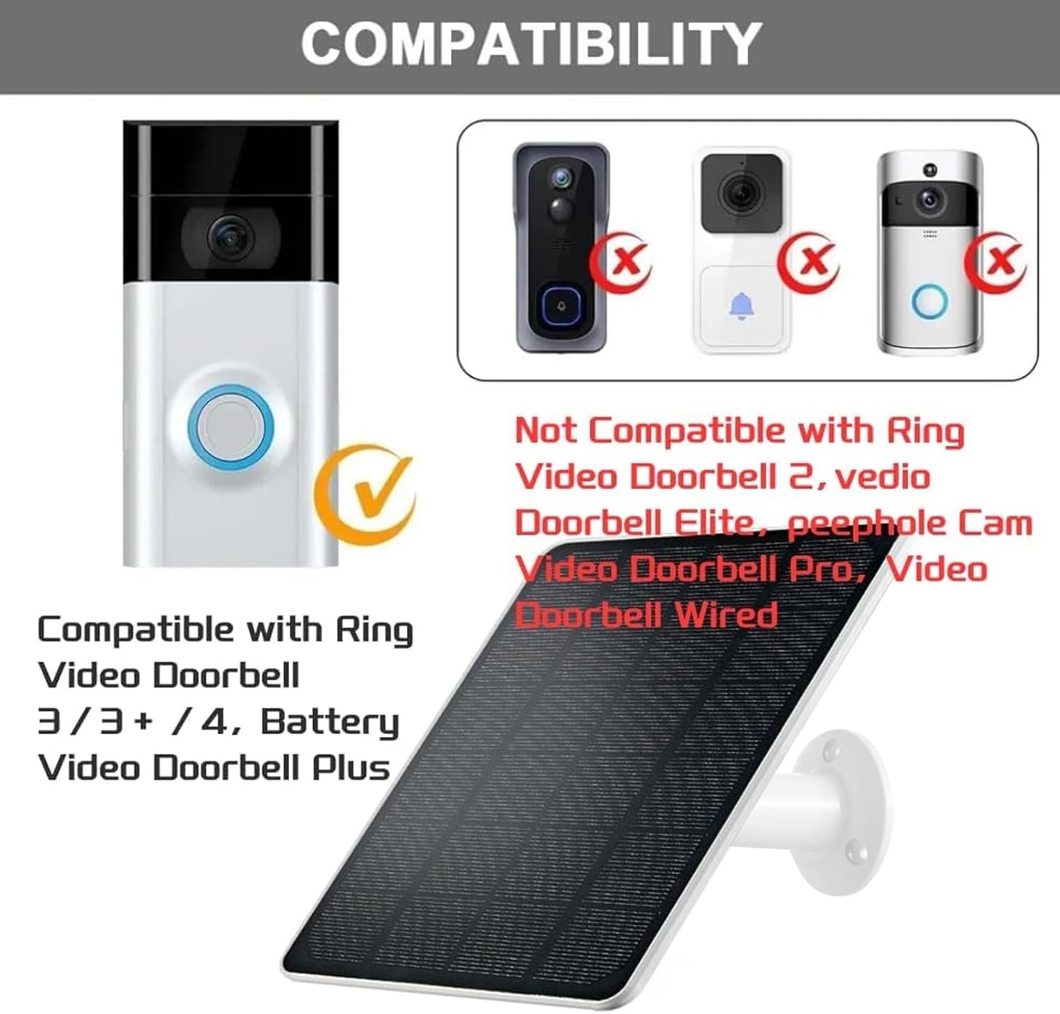 Solar Charger Compatible for Ring Video Doorbell 3/3 Plus/4/Battery Doorbell Plu