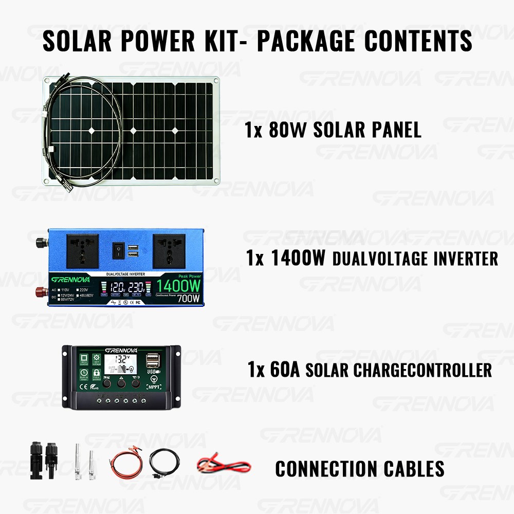 Grennova 1400W Solar Kit 80W Mono 60A MPPT 12/24V 110/220V Inverter RV Home