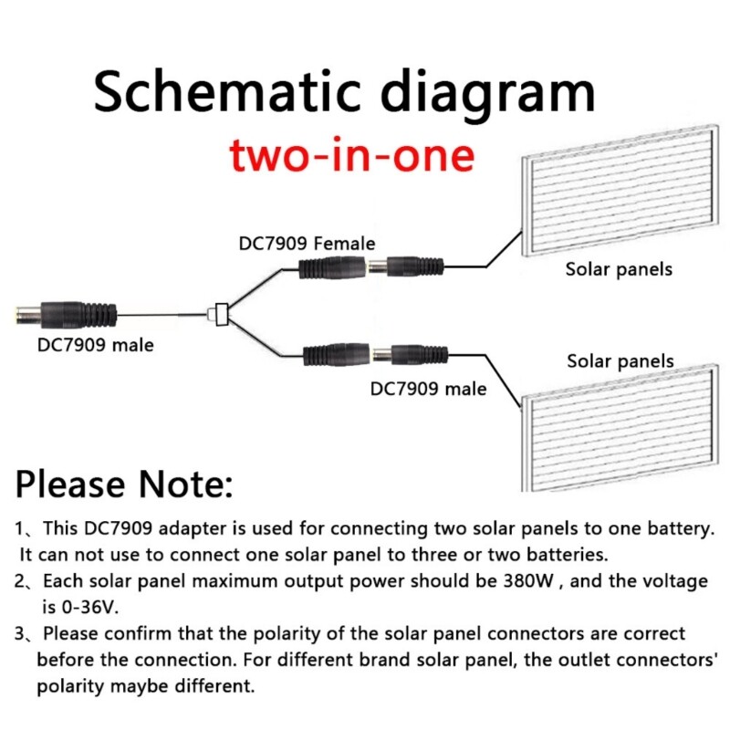 Double Input Solar Charging Cable, DC7909 Male to 2 Female Connection Line