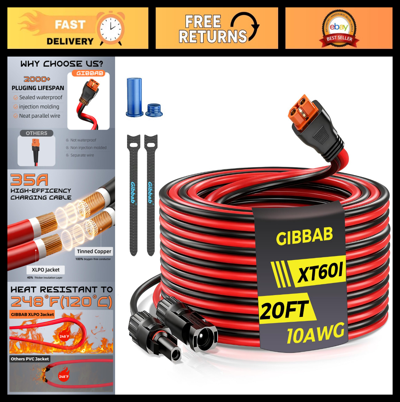 20FT 10AWG Solar Panel Connector XT60i Adapter Extension Cable for EcoFlow Anker