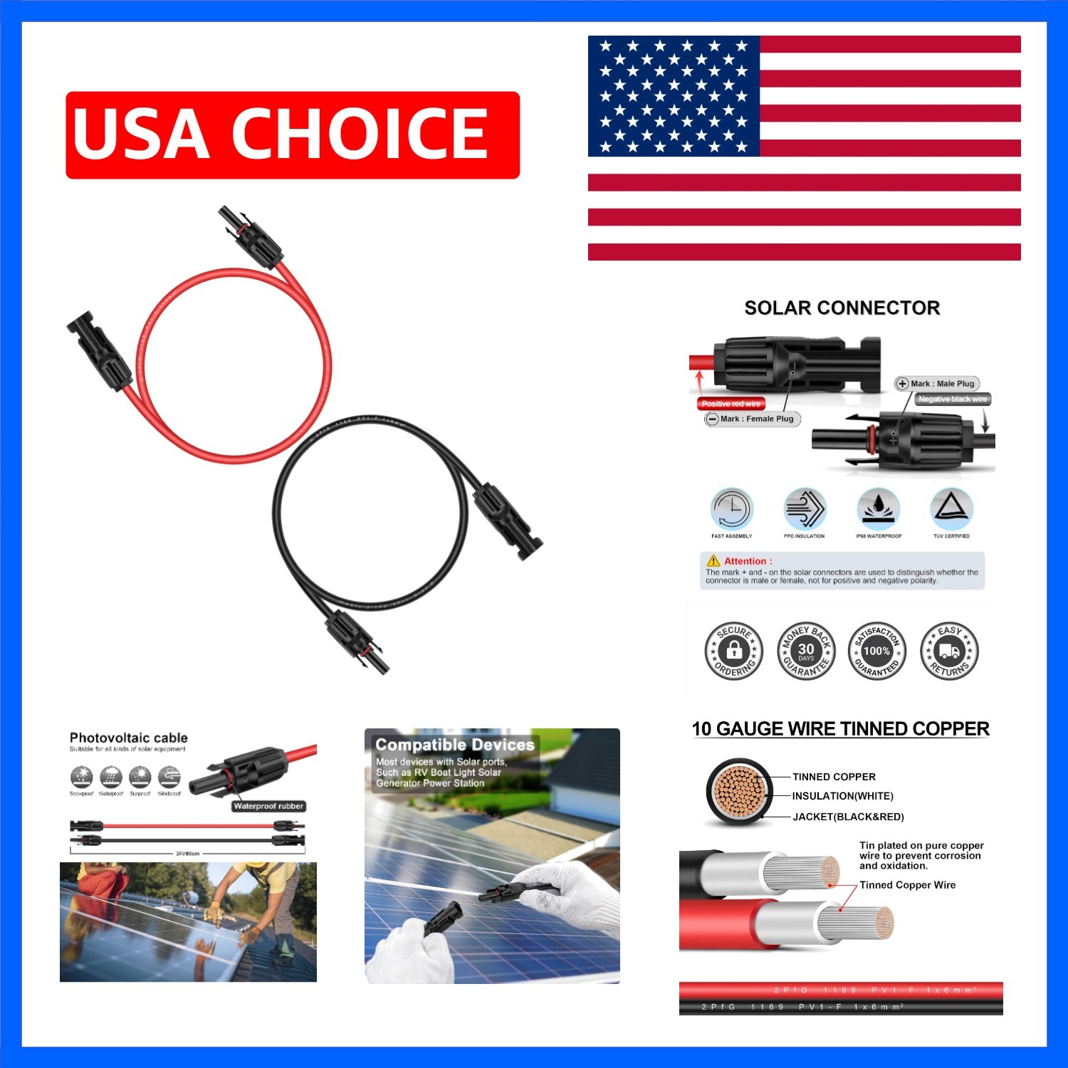3 Feet 10AWG Solar Extension Cable with Solar Panel Female and Male Connector…