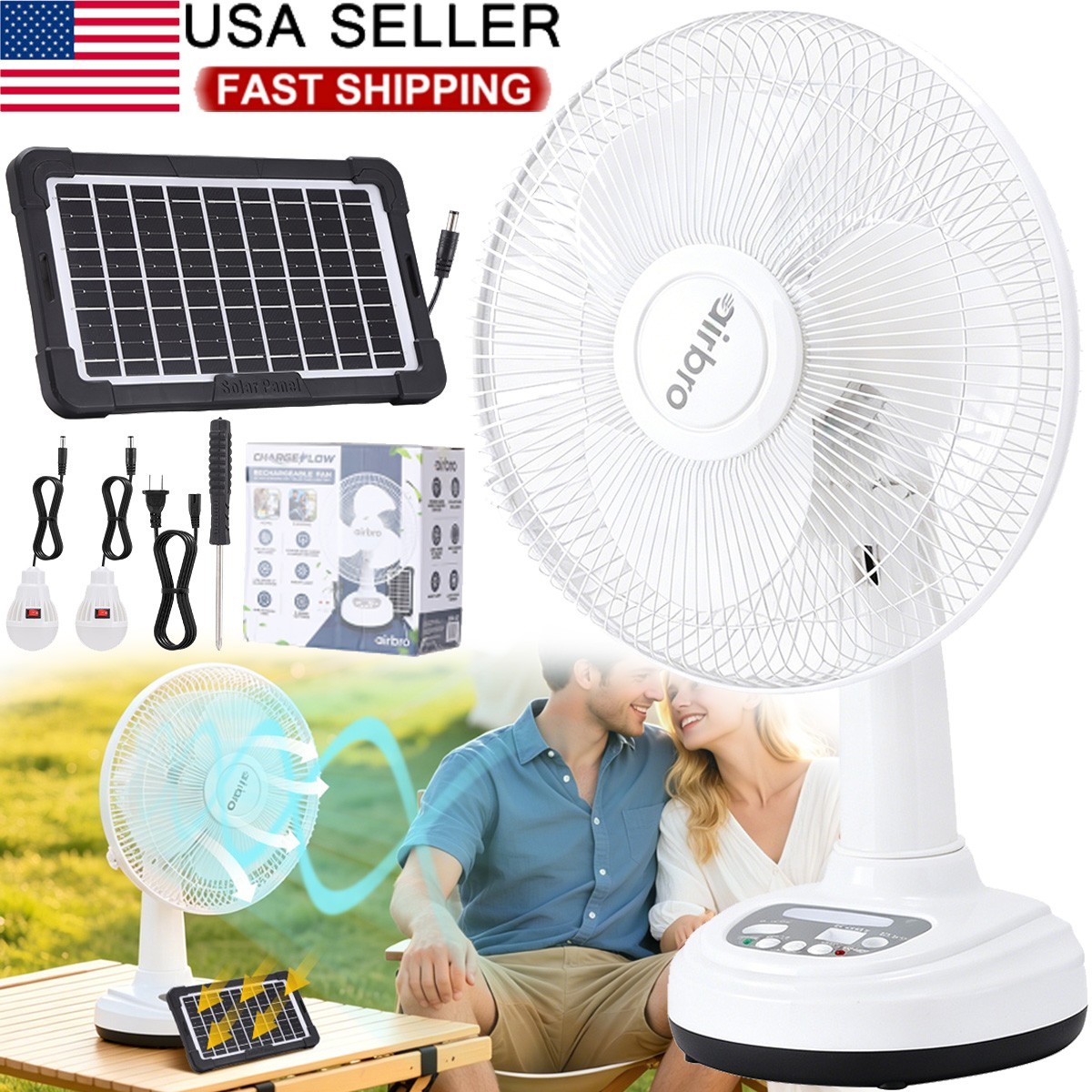 12″ Solar Rechargeable Desk Fan 2-Speed Portable Camping Fan + 2 LED Light Bulbs