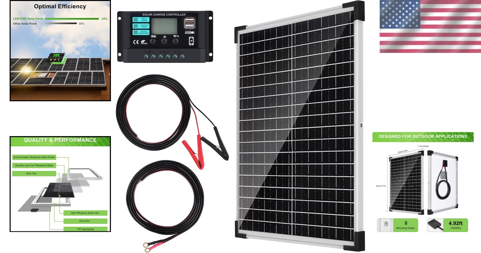 12V Solar Panel Kit with 10A Charge Controller & Battery Clips for RVs and Boats