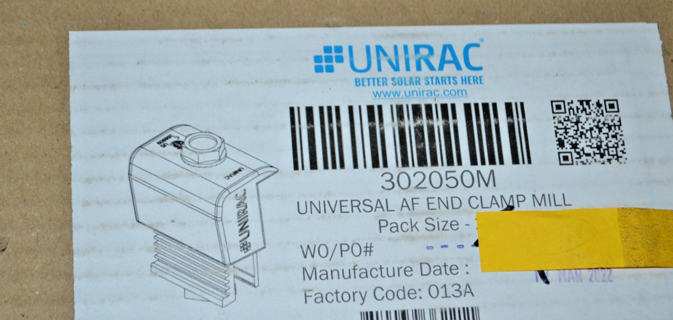 Lot of 4 ~ UniRac Solar Mount End Clamps AF 30-46mm Mill Finish ~ 302050M ~(#1)