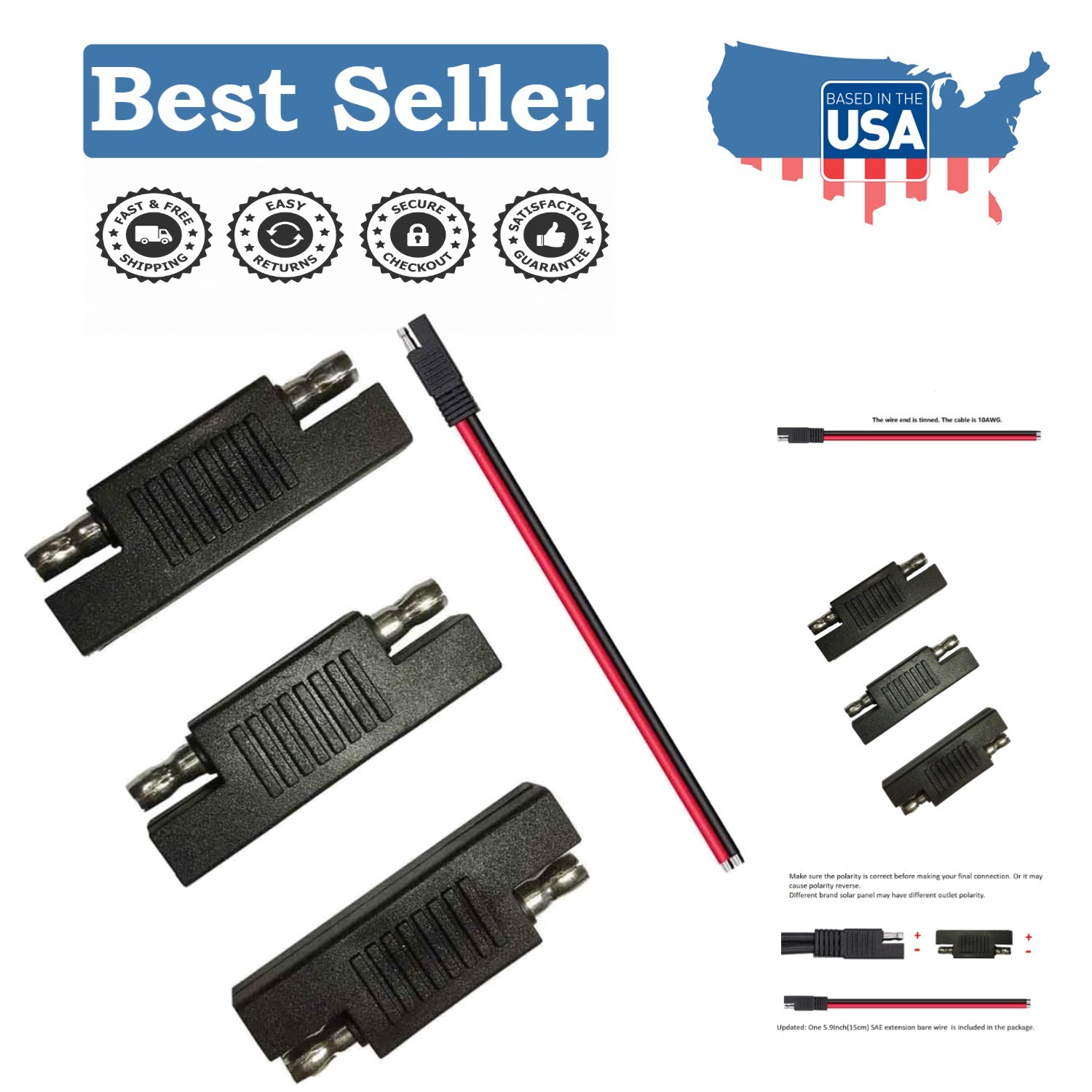 Versatile SAE Connector Set with 10AWG Wire for Solar Power Solutions – 3 Pack