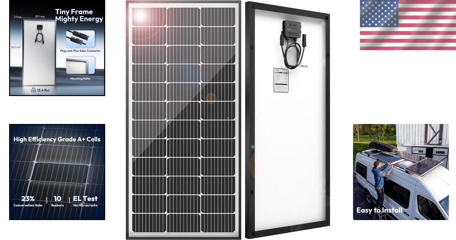 100 Watt Solar Panel, 23% Efficient Monocrystalline, 10BB Cells, Durable Alum…