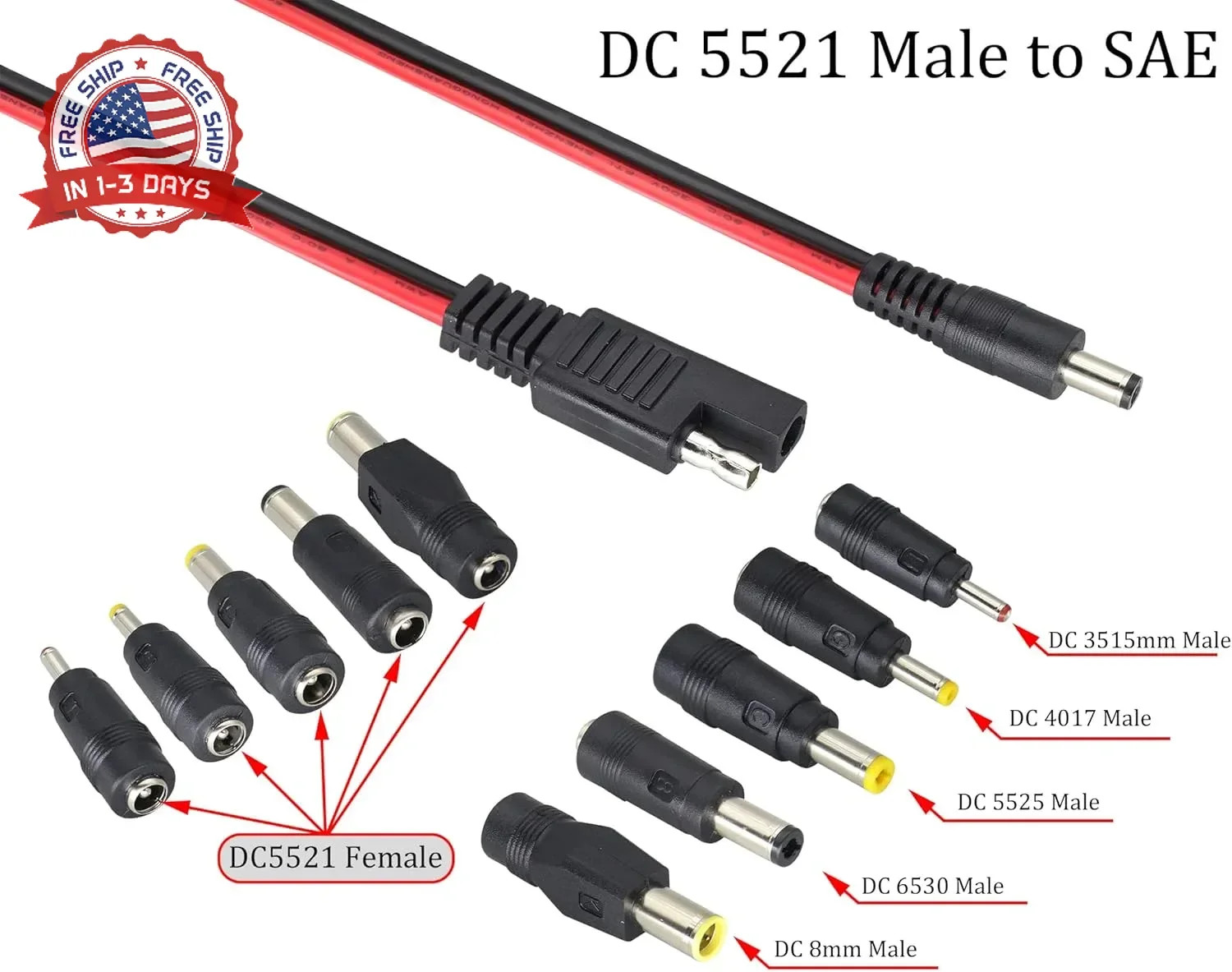 2Pack SAE to DC Adapter Cable SAE Plug to DC 5.5mmx2.1mm Male Connector Cables w